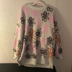 Floral Beige Sweater/Sweater Dress Size 2X/3X Thick Warm Cozy Colorful Floral